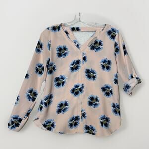 Loft Petite Blouse Women Size XXSP Pink Floral V Neck Roll Tab Sleeve Ann Taylor
